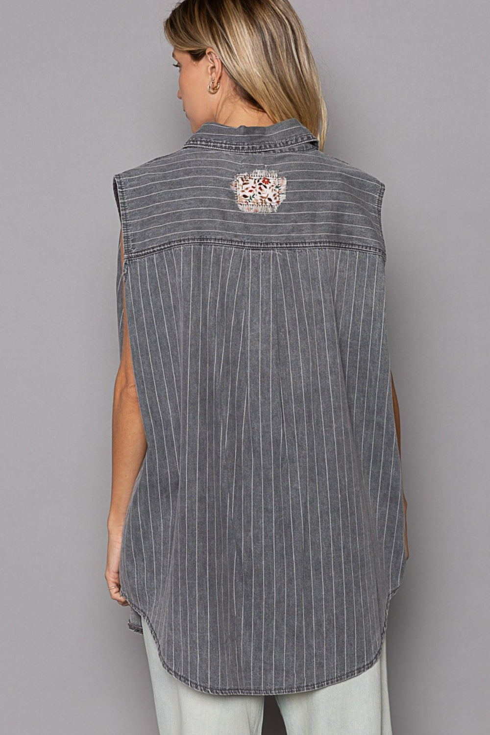 POL Button Down Sleeveless Striped Denim Shirt