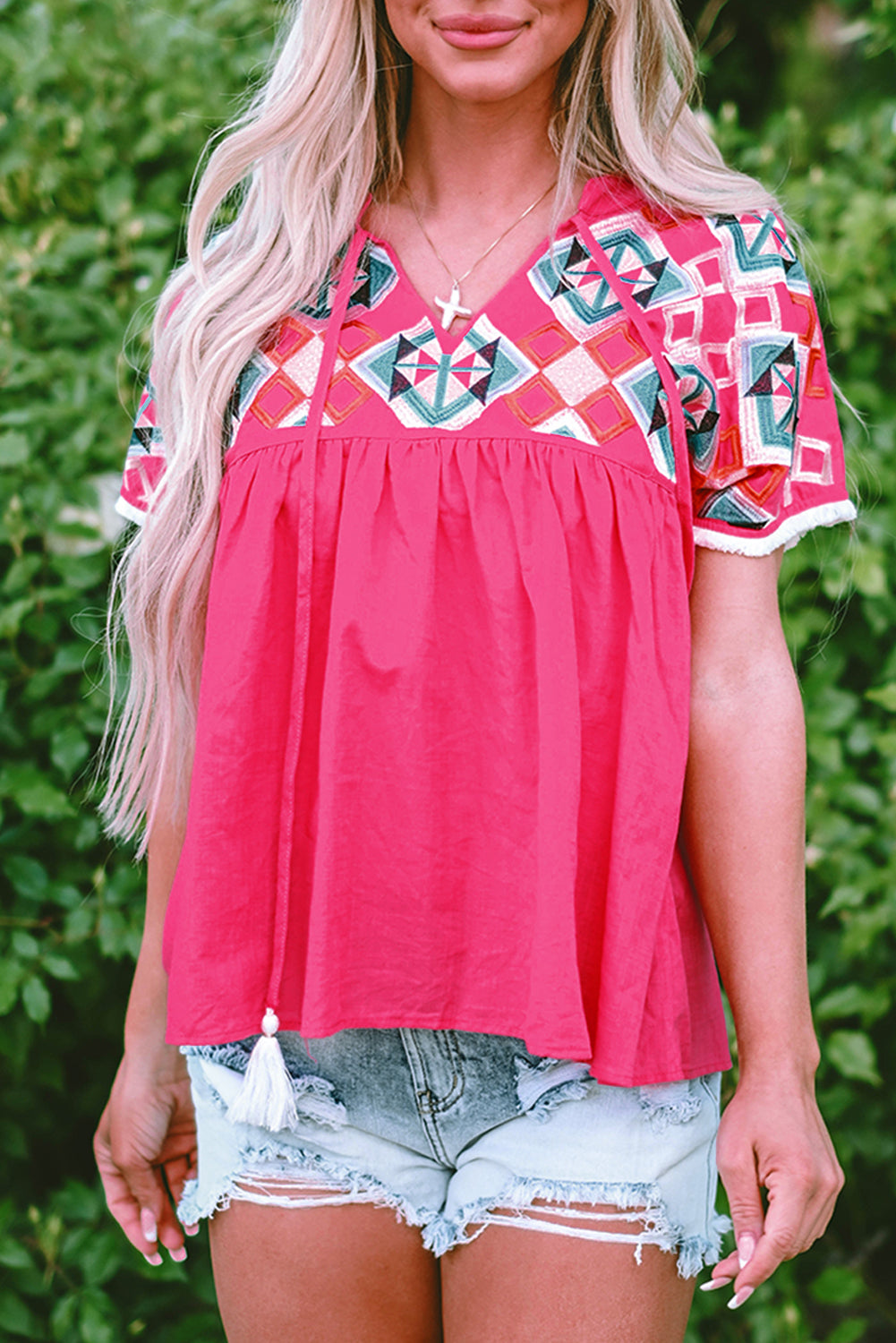 Strawberry Pink Geometric Embroidered Tassel Tie V Neck Blouse